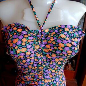 Medium True Vintage Swimsuit Floral Halter One Piece Bodysuit Ruched Mom 1980's